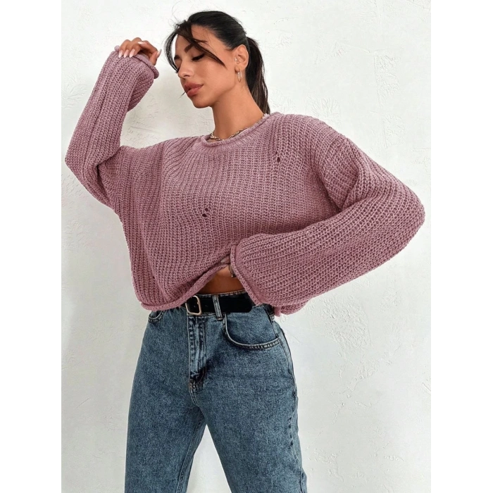 petite ateiler Salaş delik detaylı kazak pembe