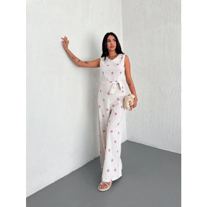 petite ateiler Sırt dekolteli keten beyaz tulum S1036