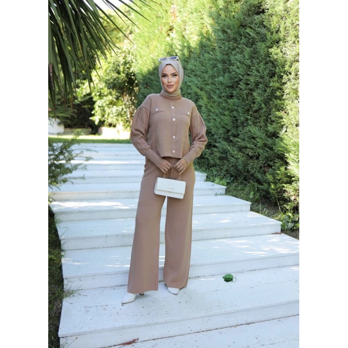 petite ateiler Taş düğmeli ikili triko takım vizon