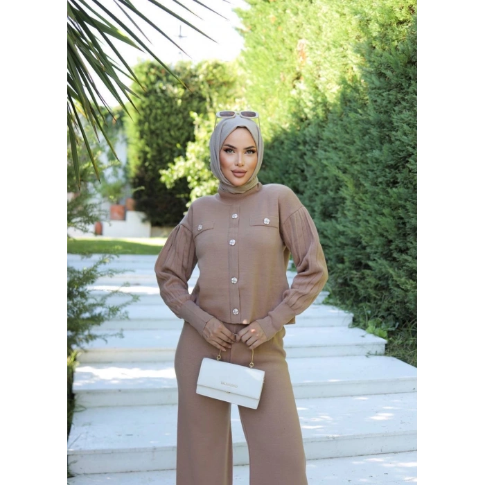 petite ateiler Taş düğmeli ikili triko takım vizon