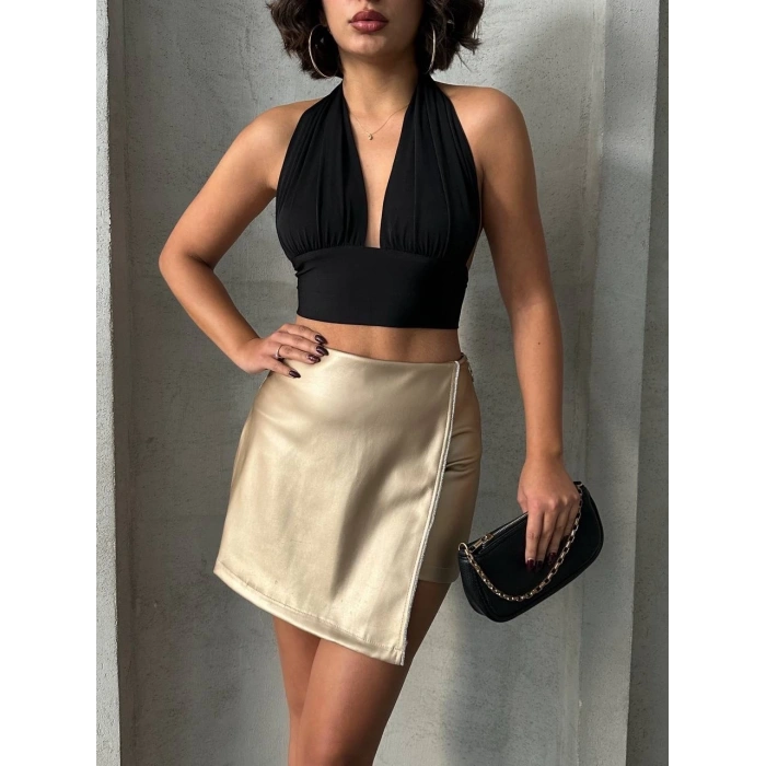 petite ateiler Taşlı şort etek deri gold h240018