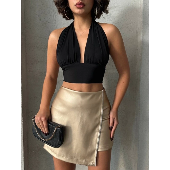 petite ateiler Taşlı şort etek deri gold h240018