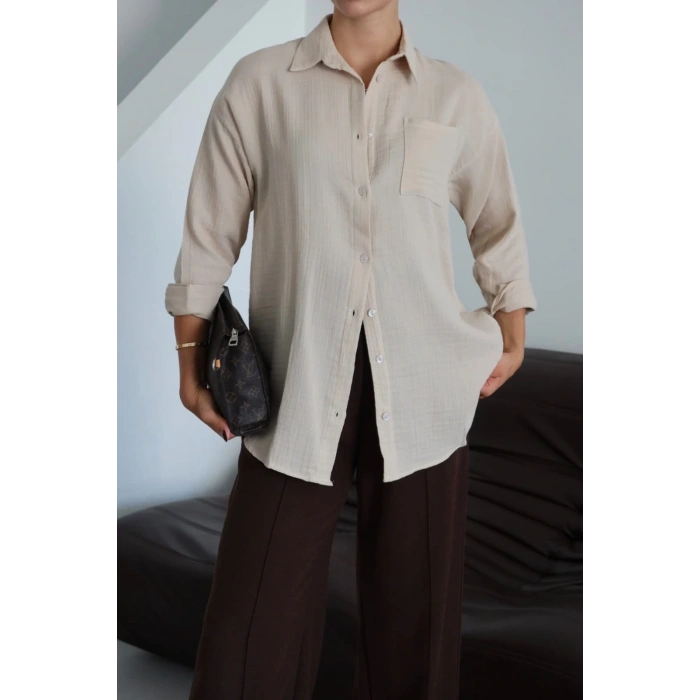 petite ateiler Tek cepli müslin gömlek bej pt