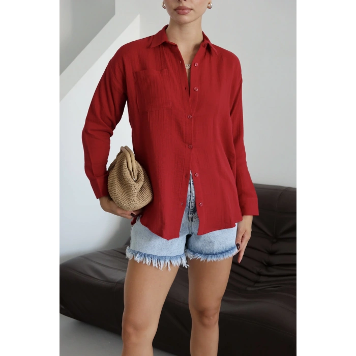 petite ateiler Tek cepli müslin gömlek bordo pt