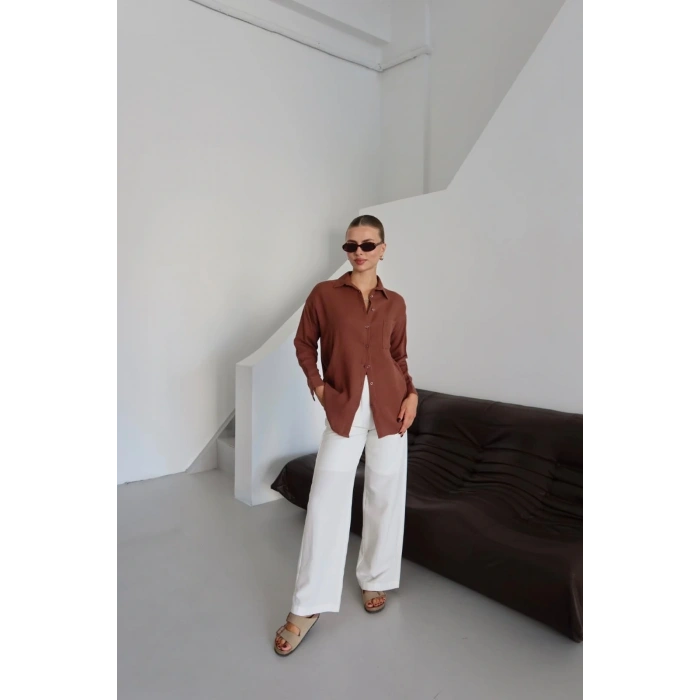 petite ateiler Tek cepli müslin gömlek kahve pt