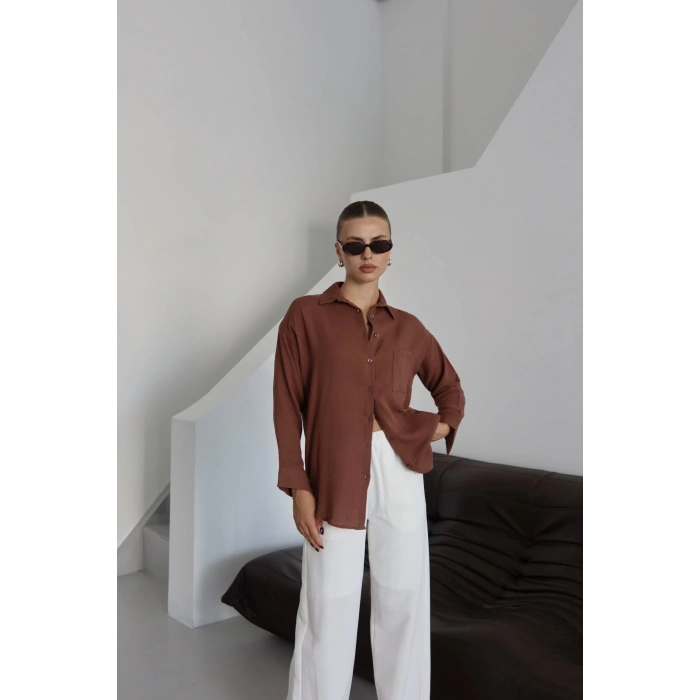 petite ateiler Tek cepli müslin gömlek kahve pt