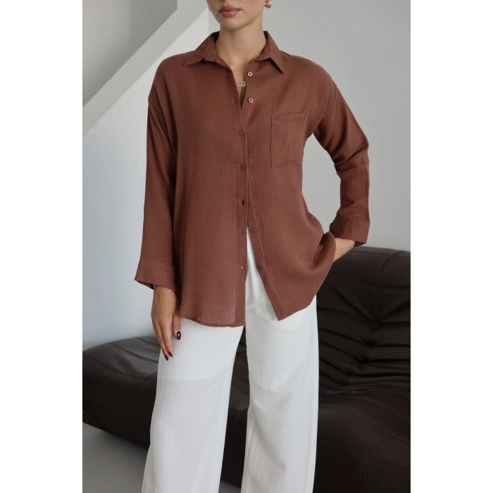 petite ateiler Tek cepli müslin gömlek kahve pt