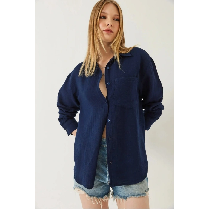 petite ateiler Tek cepli müslin gömlek lacivert pt