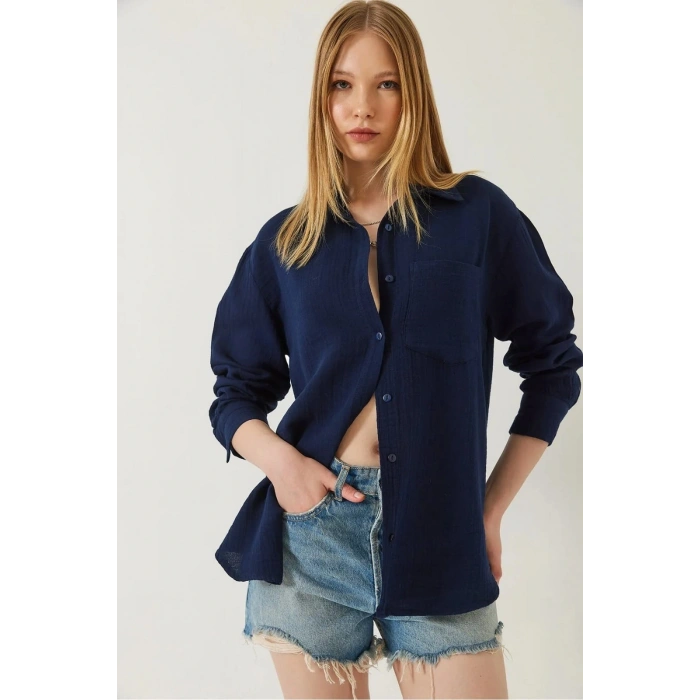 petite ateiler Tek cepli müslin gömlek lacivert pt