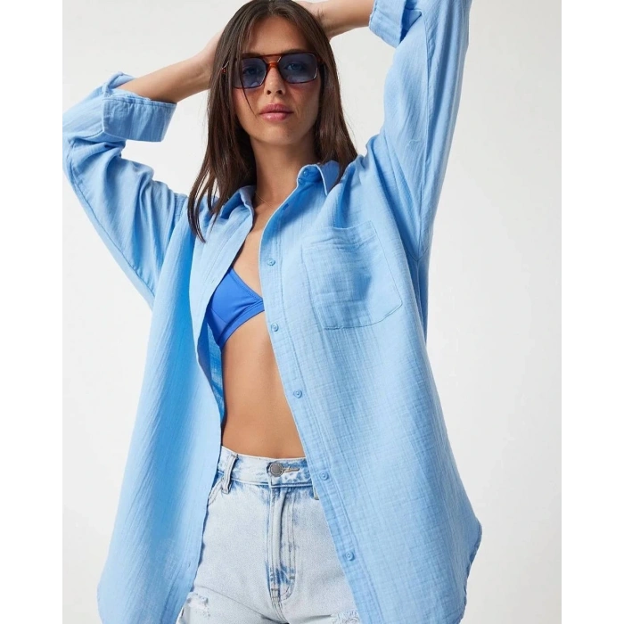 petite ateiler Tek cepli müslin gömlek mavi pt