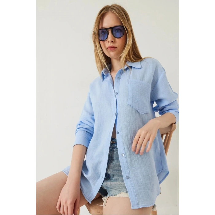 petite ateiler Tek cepli müslin gömlek mavi pt
