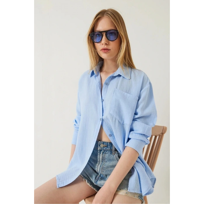 petite ateiler Tek cepli müslin gömlek mavi pt
