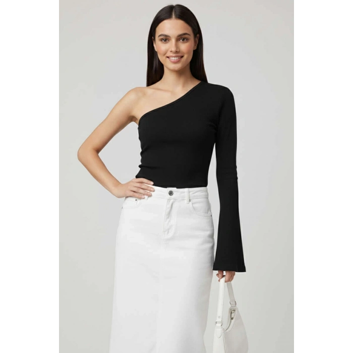 petite ateiler Tek Omuzlu Basic Bluz Siyah T4275