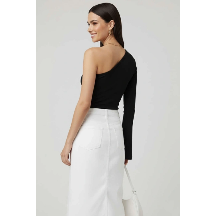 petite ateiler Tek Omuzlu Basic Bluz Siyah T4275