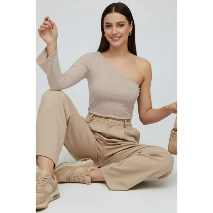 petite ateiler Tek Omuzlu Basic Bluz Vizon T4275