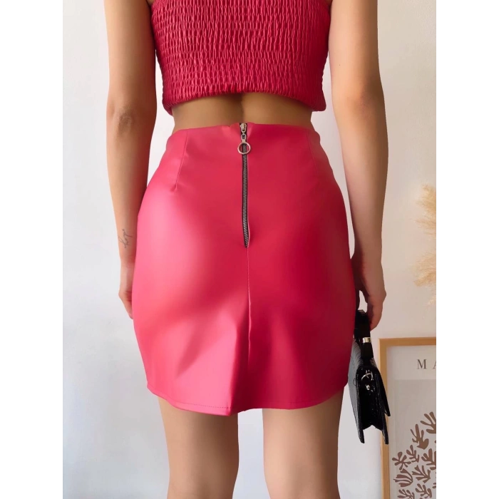 petite ateiler Tek yırtmaçlı arkadan fermuarlı deri etek fuşya s24475