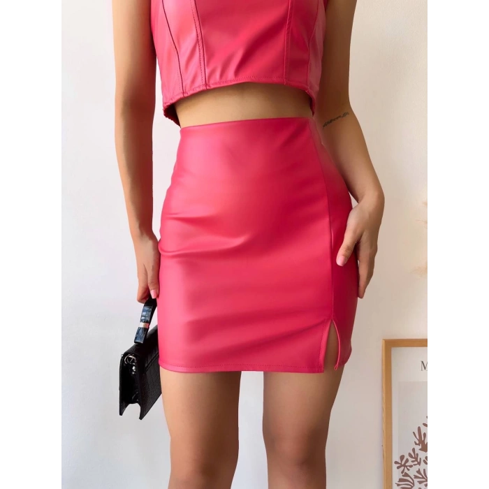 petite ateiler Tek yırtmaçlı arkadan fermuarlı deri etek fuşya s24475