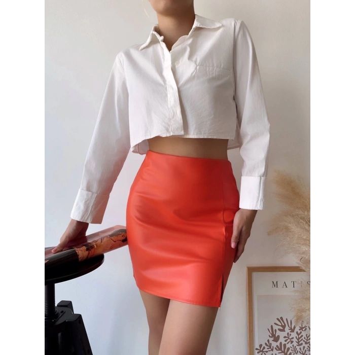 petite ateiler Tek yırtmaçlı arkadan fermuarlı deri etek turuncu s24475