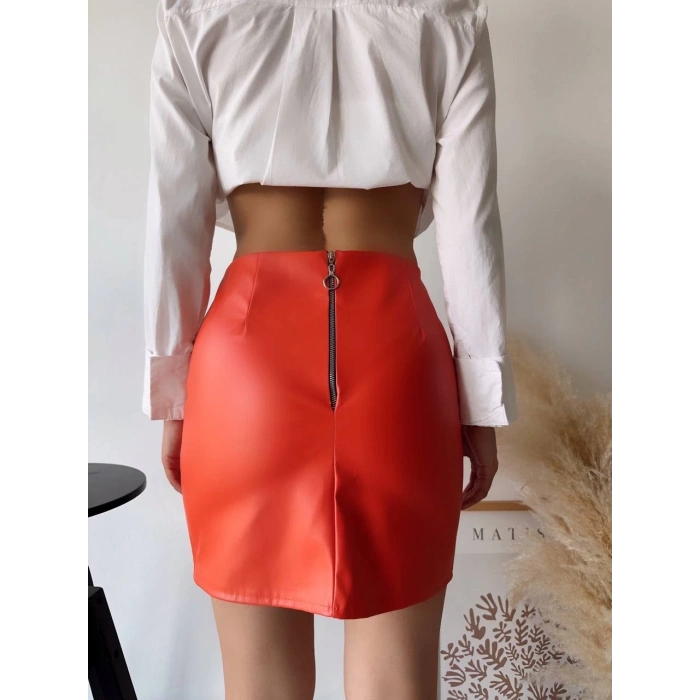 petite ateiler Tek yırtmaçlı arkadan fermuarlı deri etek turuncu s24475