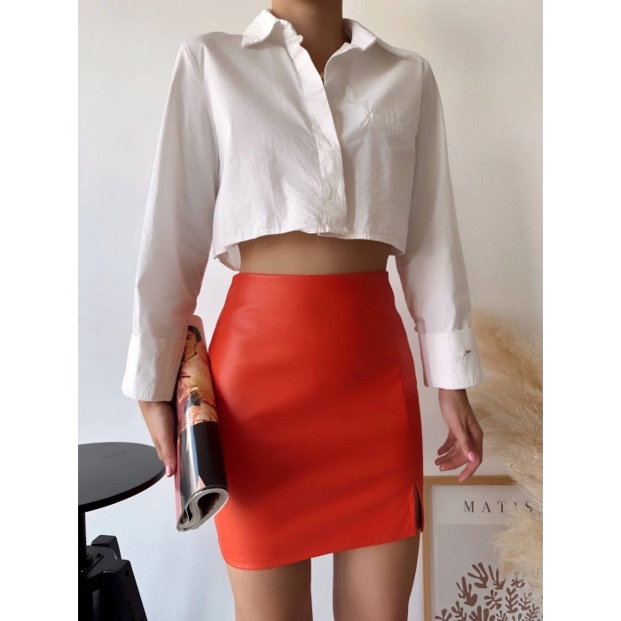 petite ateiler Tek yırtmaçlı arkadan fermuarlı deri etek turuncu s24475