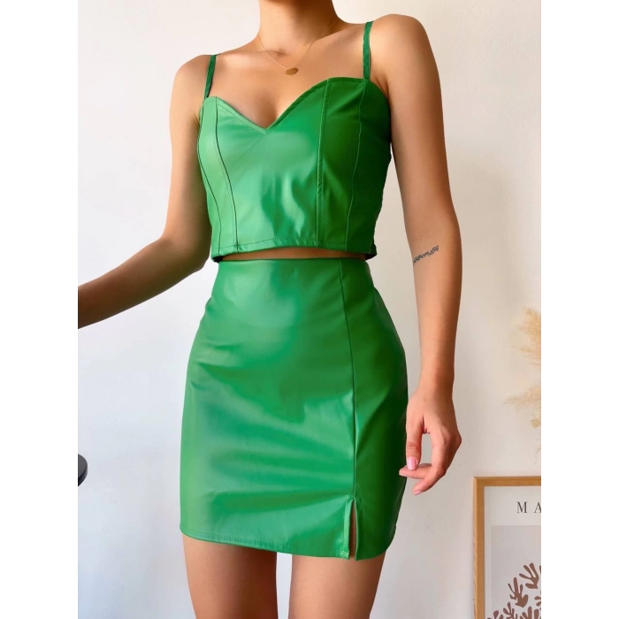 petite ateiler Tek yırtmaçlı arkadan fermuarlı deri etek yeşil s24475