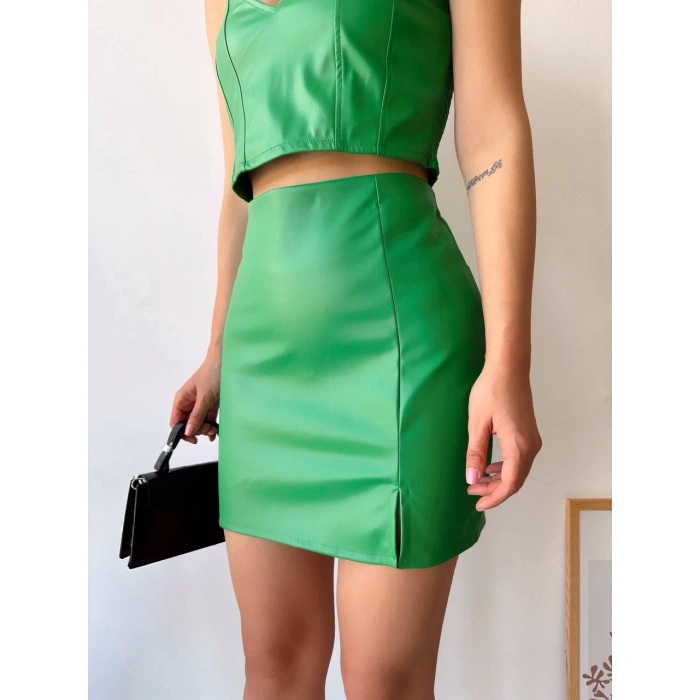 petite ateiler Tek yırtmaçlı arkadan fermuarlı deri etek yeşil s24475