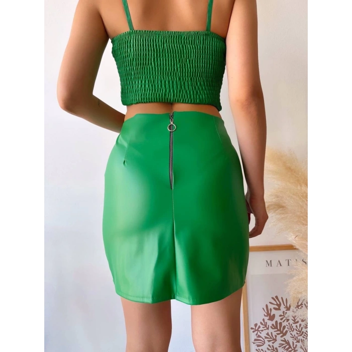 petite ateiler Tek yırtmaçlı arkadan fermuarlı deri etek yeşil s24475