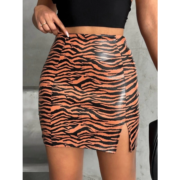 petite ateiler Tek yırtmaçlı zebra desenli deri etek kahvesiyah w24475-S