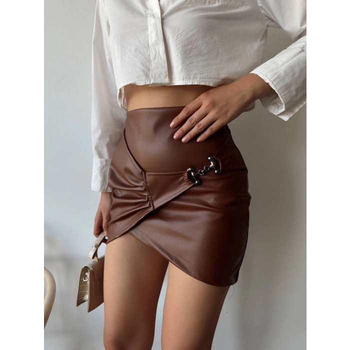 petite ateiler Tokalı deri etek kahve s240097