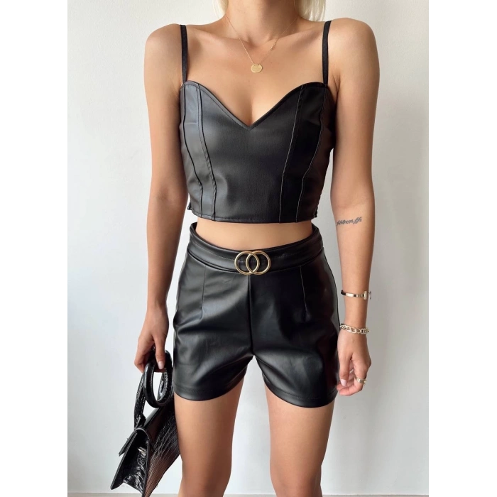 petite ateiler Tokalı deri şort siyah s24444
