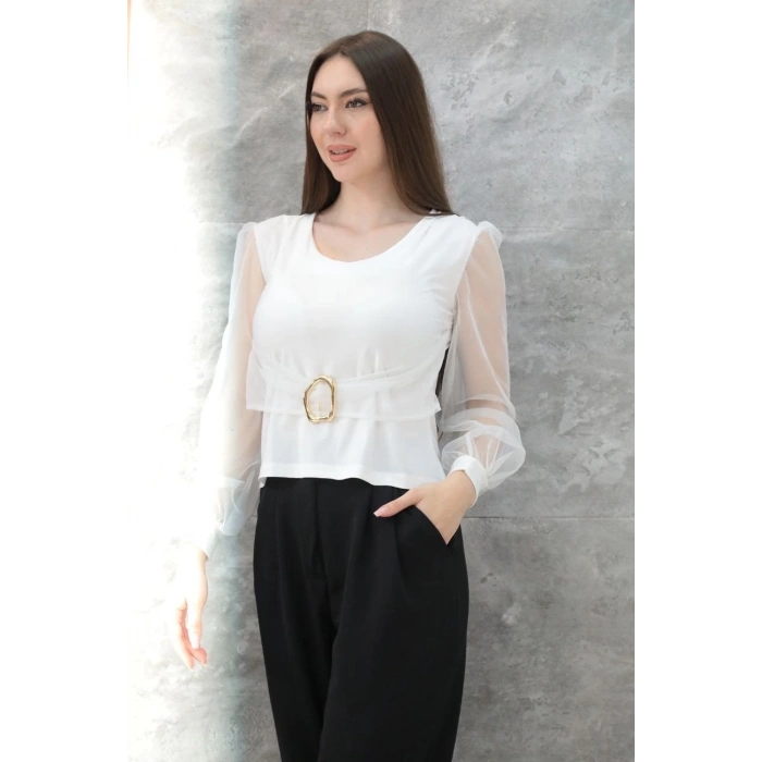 petite ateiler Tokalı tül kollu bluz beyaz t4071