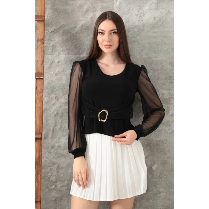 petite ateiler Tokalı tül kollu bluz siyah t4071