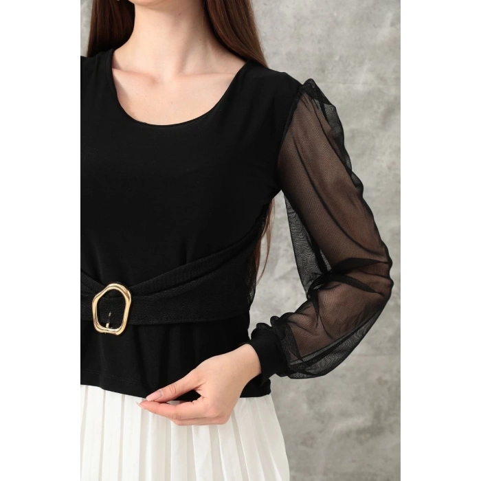 petite ateiler Tokalı tül kollu bluz siyah t4071