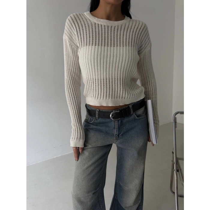 petite ateiler Triko transparent bluz beyaz