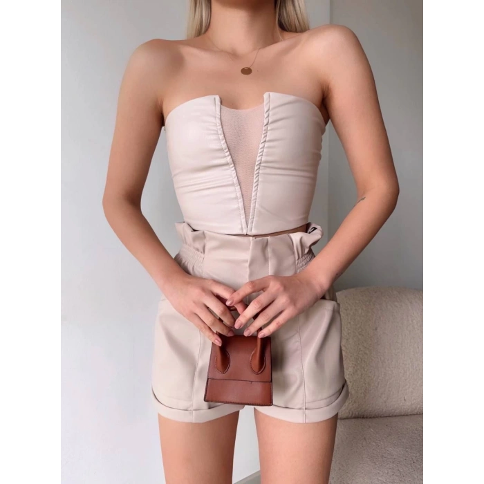 petite ateiler Tüllü deri crop bej w24615