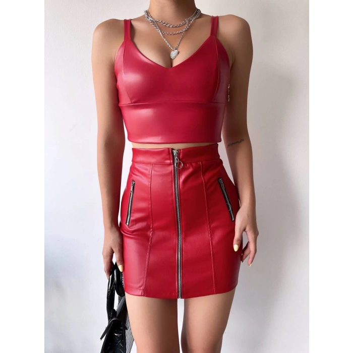 petite ateiler Üç fermuarlı deri etek bordo s24510