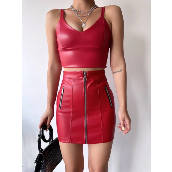 petite ateiler Üç fermuarlı deri etek bordo s24510