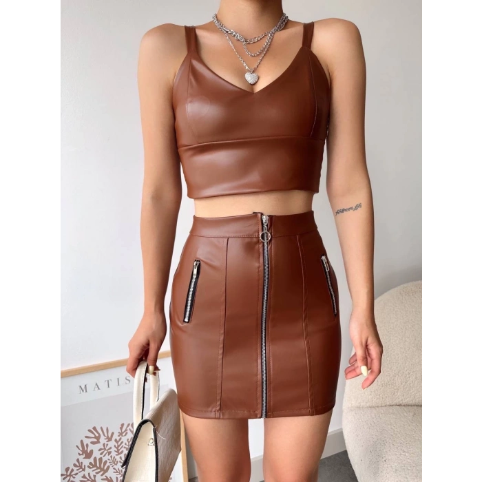 petite ateiler Üç fermuarlı deri etek kahve s24510