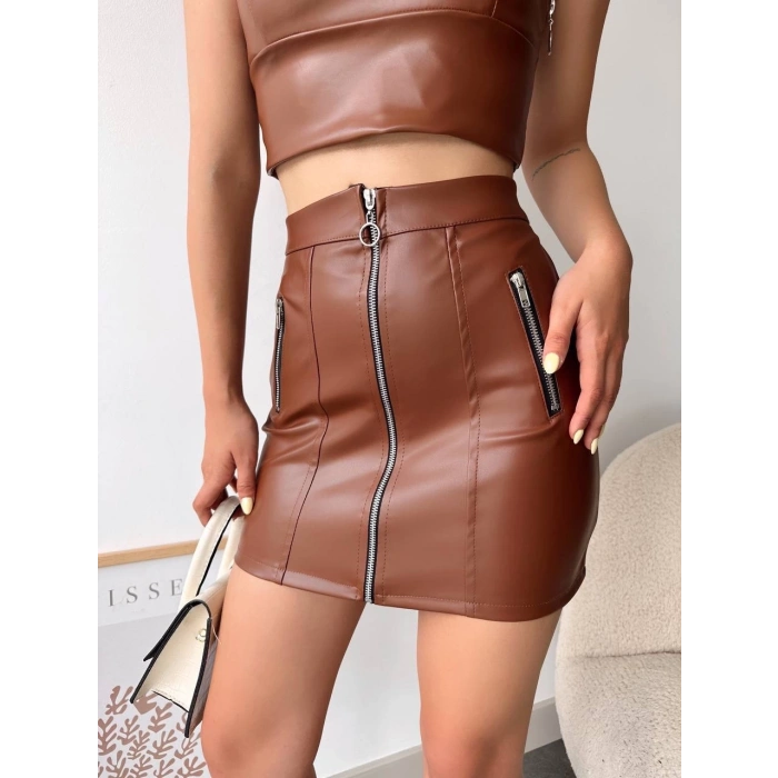 petite ateiler Üç fermuarlı deri etek kahve s24510