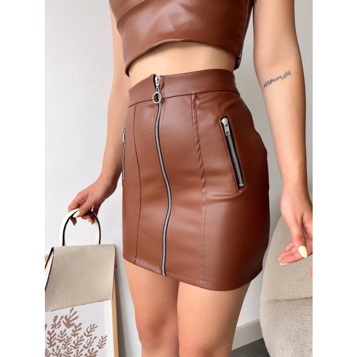 petite ateiler Üç fermuarlı deri etek kahve s24510