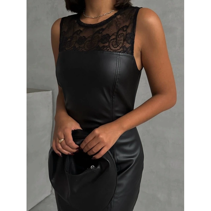 petite ateiler Üstü dantelli straplez deri elbise siyah w24421