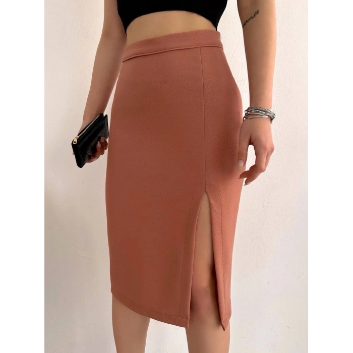 petite ateiler Uzun midi boy yırtmaçlı etek somon s24907