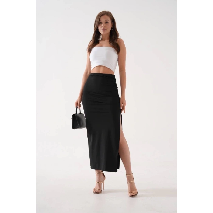 petite ateiler Uzun yırtmaçlı ince kumaş etek siyah