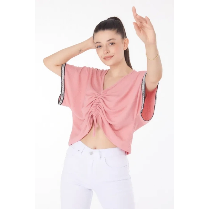 petite ateiler V yaka büzgülü detaylı bluz