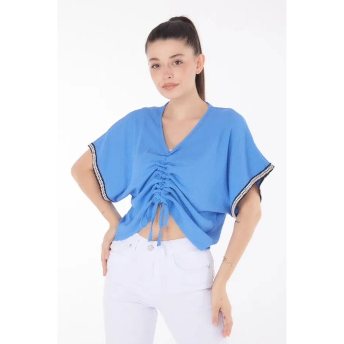 petite ateiler V yaka büzgülü detaylı bluz