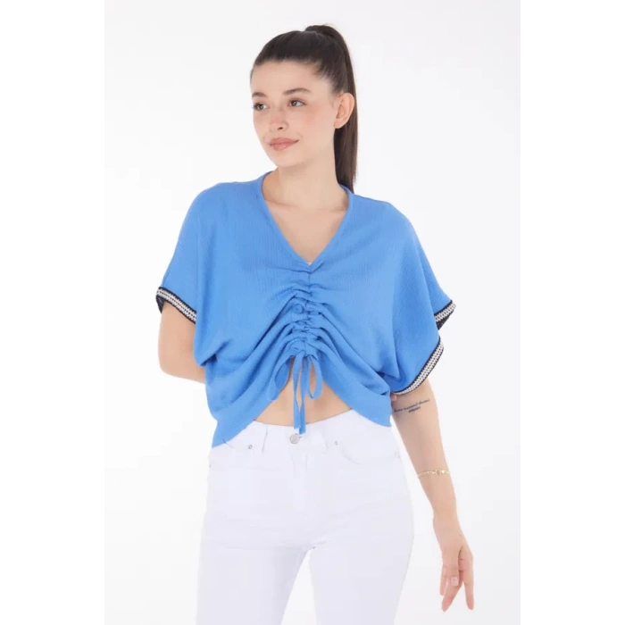 petite ateiler V yaka büzgülü detaylı bluz