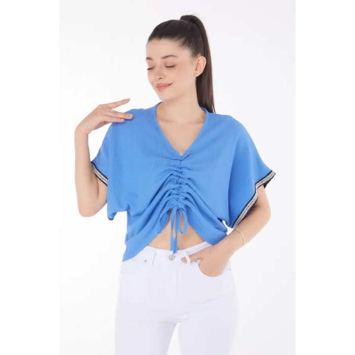 petite ateiler V yaka büzgülü detaylı bluz