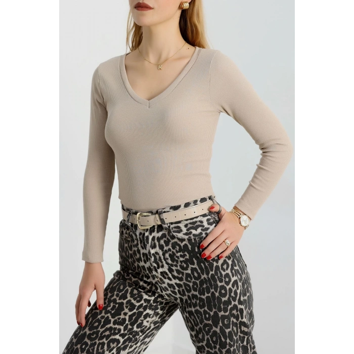 petite ateiler V yaka kaşkorse bluz bej a3699