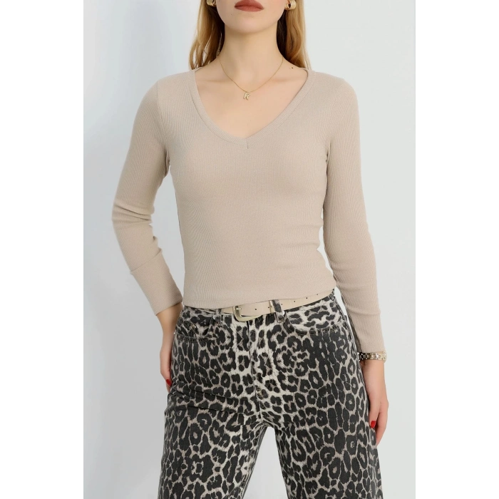 petite ateiler V yaka kaşkorse bluz bej a3699