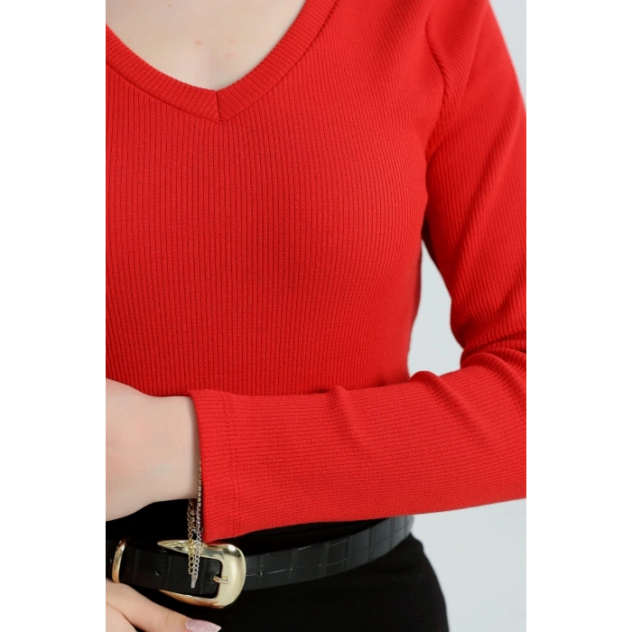 petite ateiler V yaka kaşkorse bluz kırmızı a3699